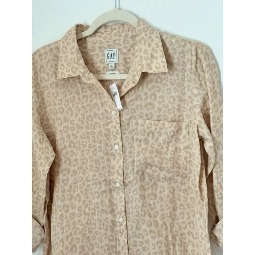 Gap 100% Linen Animal Print Shirt Women's Size Small New Neutral Classic N64 - Picture 4 of 14